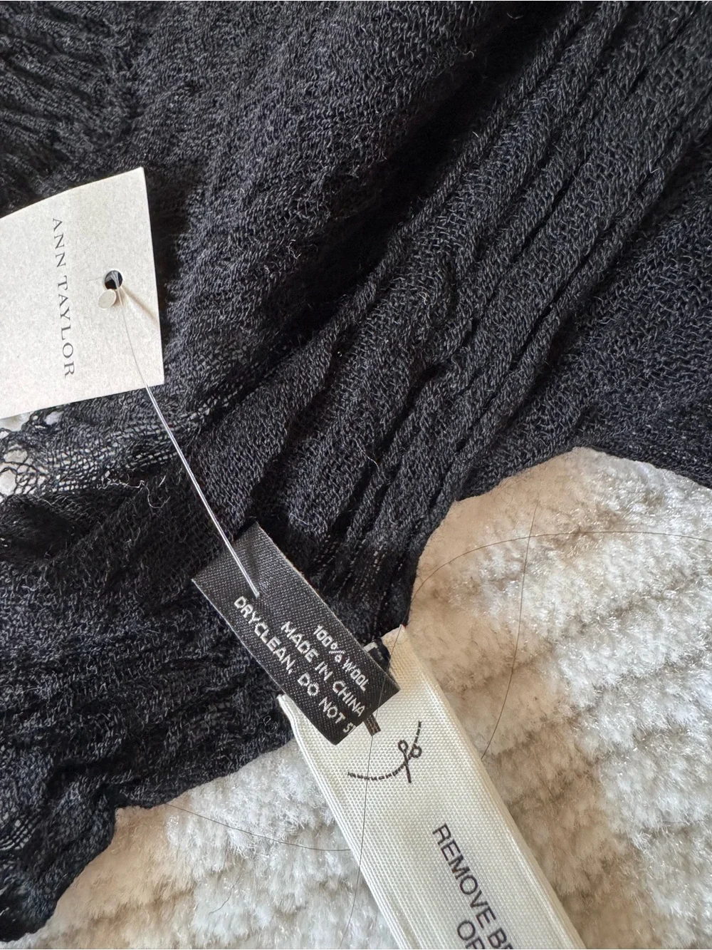 NWT Ann Taylor Black 100% Wool Crinkle Scarf Wrap Shawl Fringe 30x77
